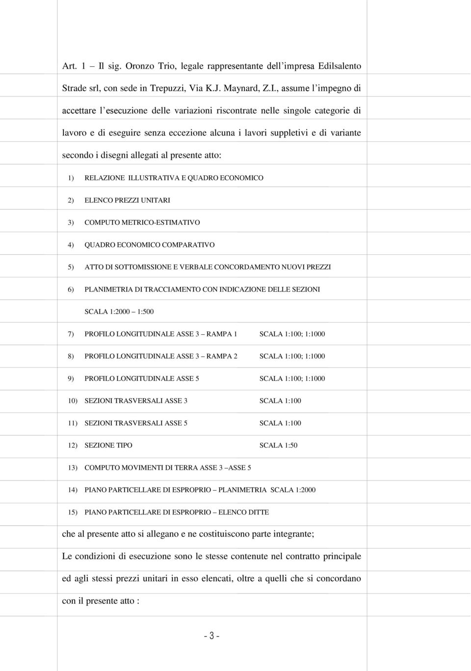 , assume l impegno di accettare l esecuzione delle variazioni riscontrate nelle singole categorie di lavoro e di eseguire senza eccezione alcuna i lavori suppletivi e di variante secondo i disegni