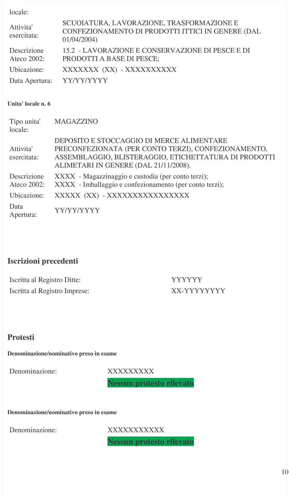 6 Tipo unita' locale: Attivita' esercitata: Ateco 2002: Ubicazione: Data Apertura: MAGAZZINO DEPOSITO E STOCCAGGIO DI MERCE ALIMENTARE PRECONFEZIONATA (PER CONTO TERZI), CONFEZIONAMENTO,