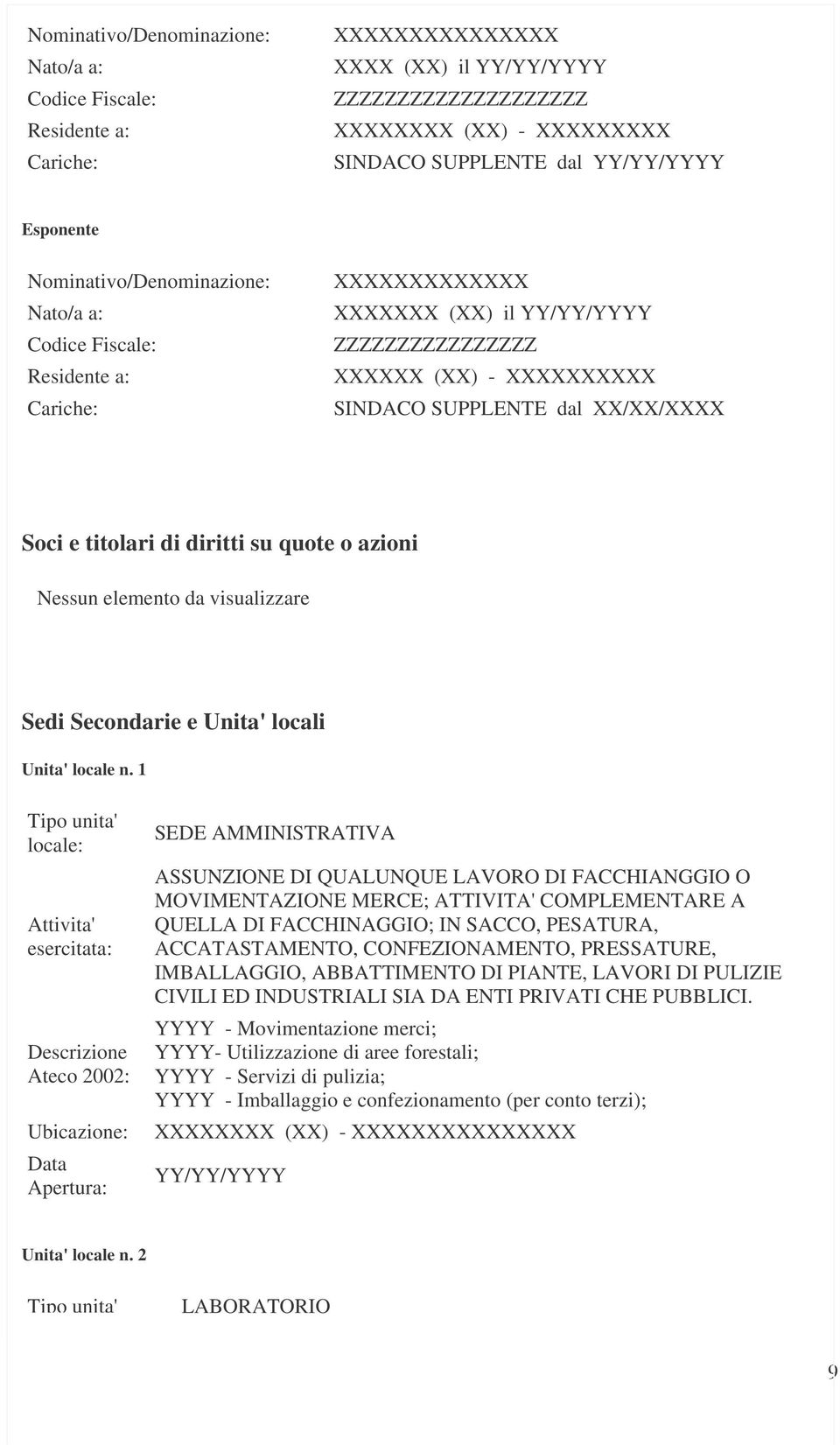 1 Tipo unita' locale: Attivita' esercitata: Ateco 2002: Ubicazione: Data Apertura: SEDE AMMINISTRATIVA ASSUNZIONE DI QUALUNQUE LAVORO DI FACCHIANGGIO O MOVIMENTAZIONE MERCE; ATTIVITA' COMPLEMENTARE A