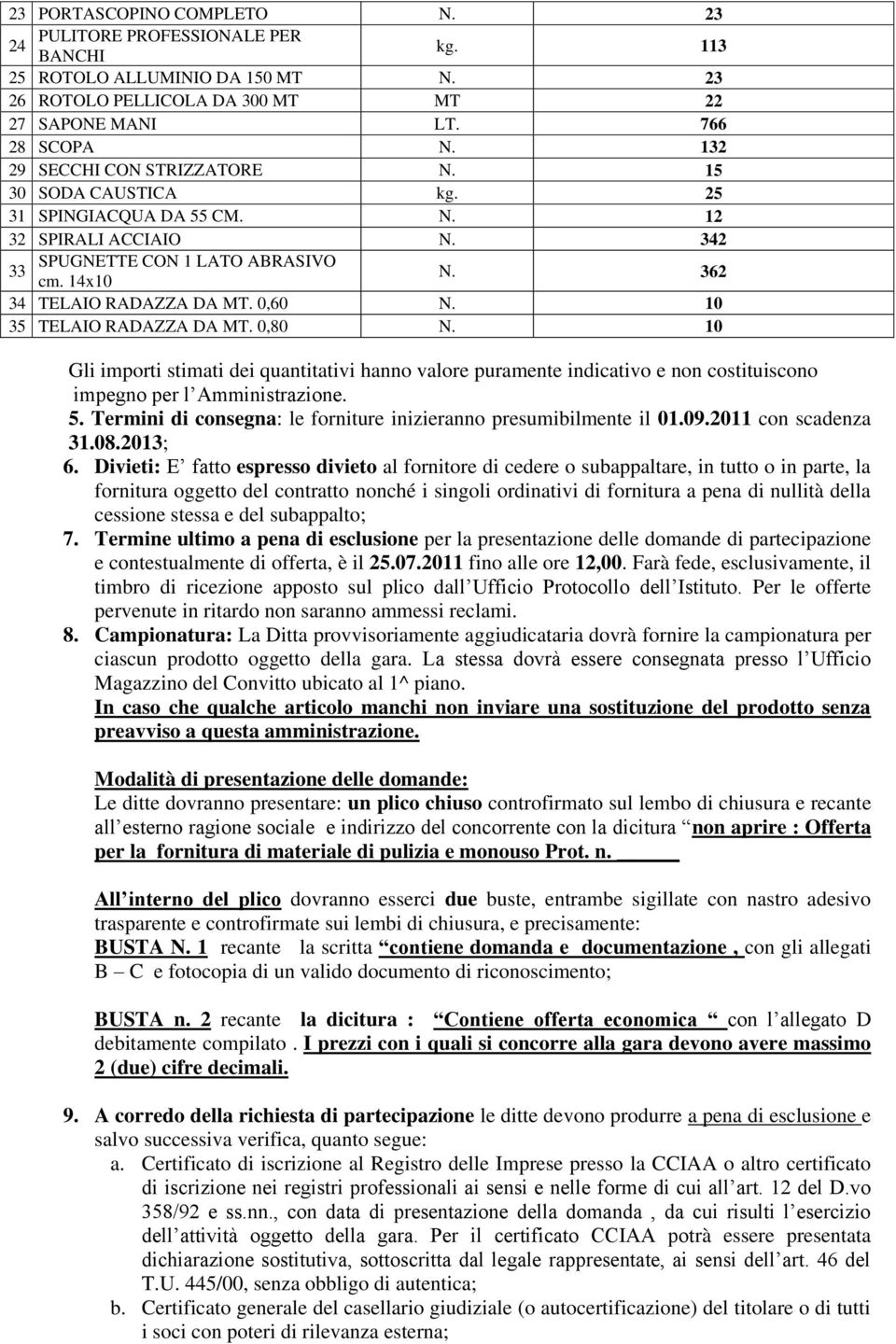 10 35 TELAIO RADAZZA DA MT. 0,80 N. 10 Gli importi stimati dei quantitativi hanno valore puramente indicativo e non costituiscono impegno per l Amministrazione. 5.