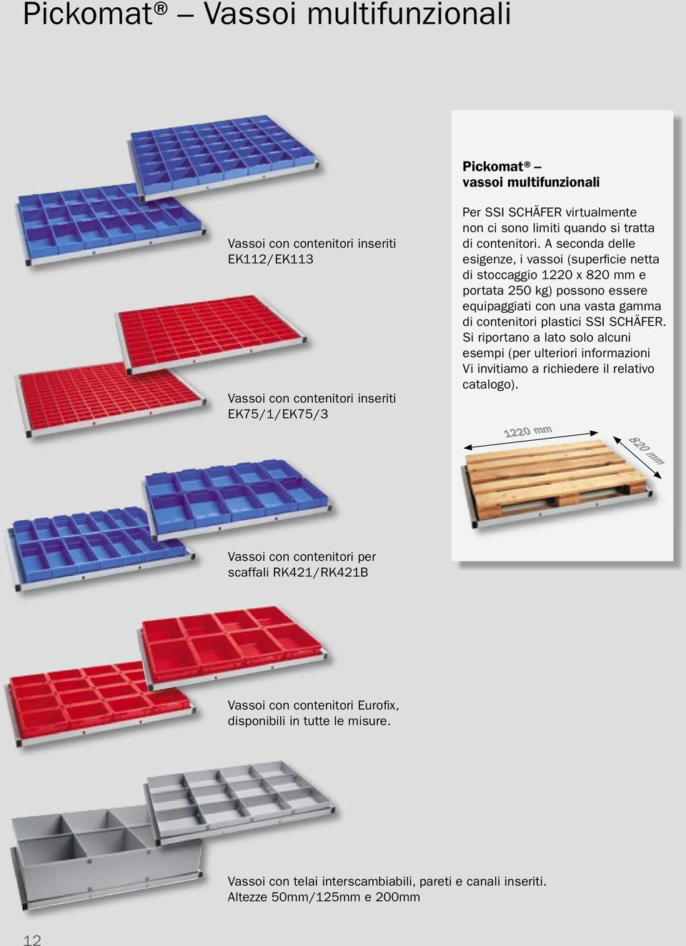 A seconda delle esigenze, i vassoi (superfi cie netta di stoccaggio 1220 x 820 mm e portata 250 kg) possono essere equipaggiati con una vasta gamma di contenitori plastici SSI SCHÄFER.