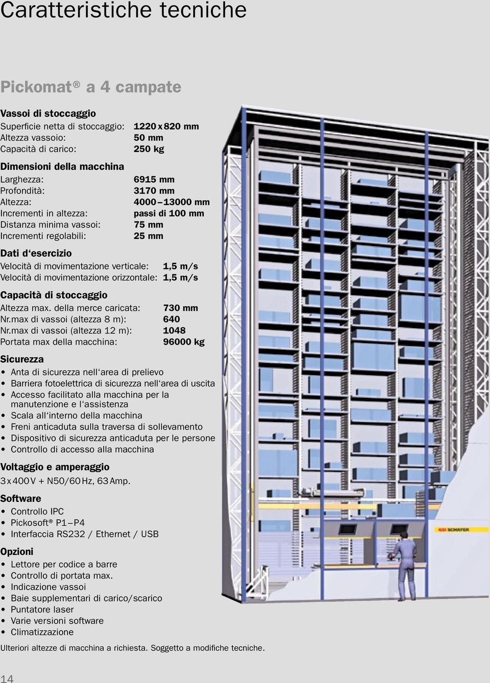 verticale: 1,5 m/s Velocità di movimentazione orizzontale: 1,5 m/s Capacità di stoccaggio Altezza max. della merce caricata: 730 mm Nr.max di vassoi (altezza 8 m): 640 Nr.