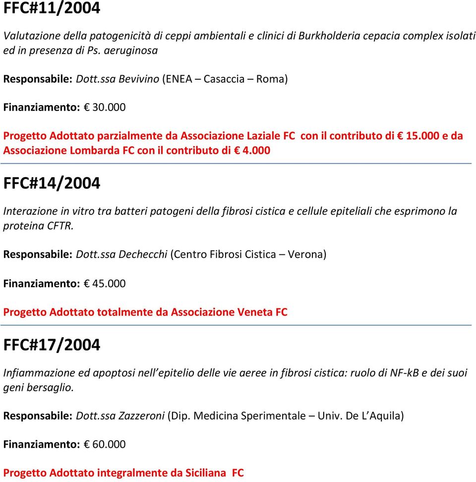 000 FFC#14/2004 Interazione in vitro tra batteri patogeni della fibrosi cistica e cellule epiteliali che esprimono la proteina CFTR. Responsabile: Dott.
