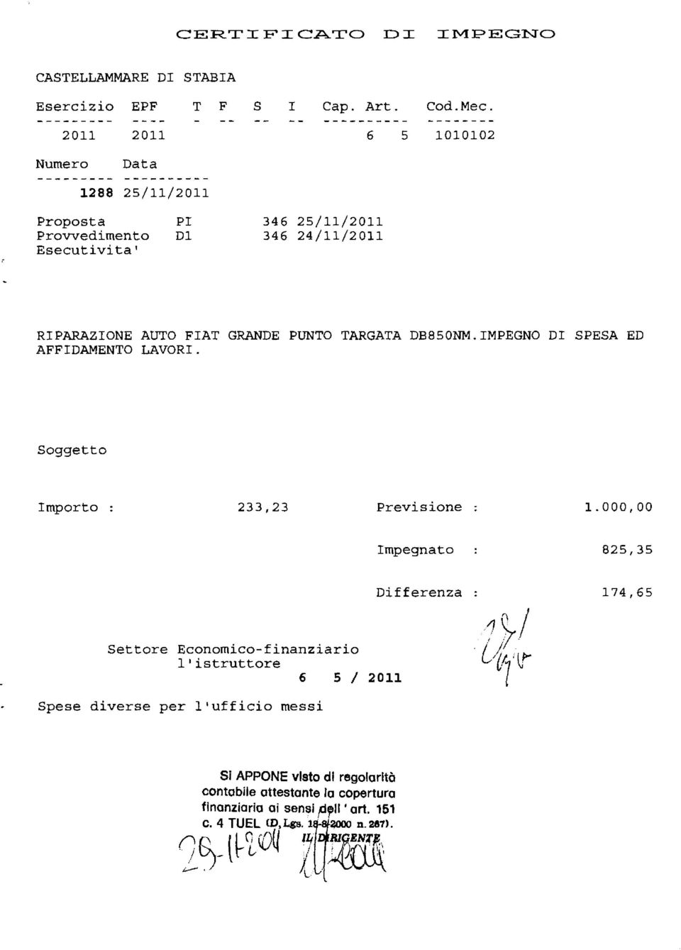 TARGATA DB850NM.IMPEGNO DI SPESA ED AFFIDAMENTO LAVORI. Soggetto Importo 233,23 Previsione 1.