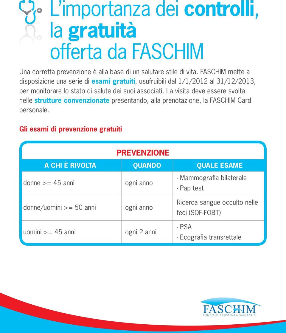 La visita deve essere svolta nelle strutture convenzionate presentando, alla prenotazione, la FASCHIM Card personale.