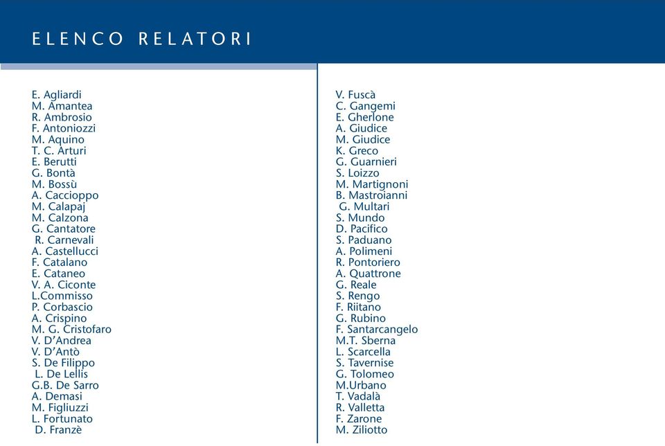 Figliuzzi L. Fortunato D. Franzè V. Fuscà C. Gangemi E. Gherlone A. Giudice M. Giudice K. Greco G. Guarnieri S. Loizzo M. Martignoni B. Mastroianni G. Multari S. Mundo D. Pacifico S.