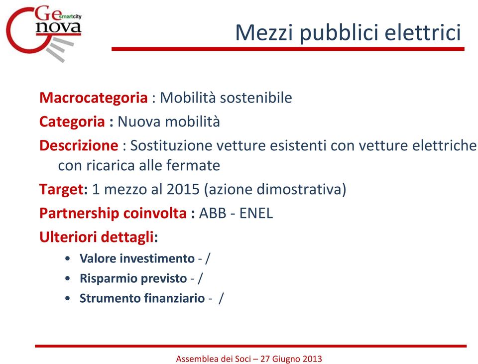 elettriche con ricarica alle fermate Target: 1 mezzo al 2015 (azione