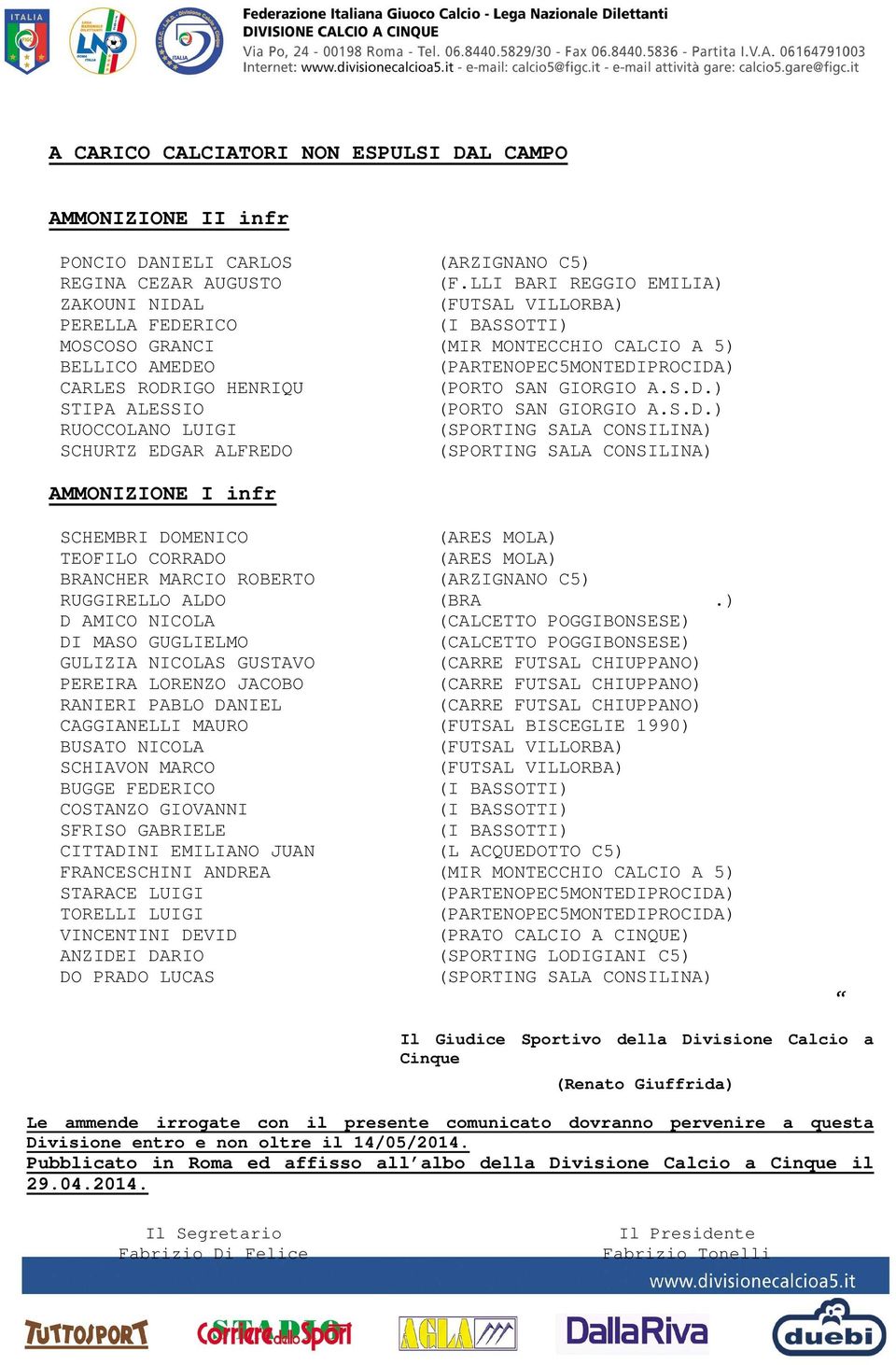 GIORGIO A.S.D.) STIPA ALESSIO (PORTO SAN GIORGIO A.S.D.) RUOCCOLANO LUIGI SCHURTZ EDGAR ALFREDO AMMONIZIONE I infr SCHEMBRI DOMENICO (ARES MOLA) TEOFILO CORRADO (ARES MOLA) BRANCHER MARCIO ROBERTO (ARZIGNANO C5) RUGGIRELLO ALDO (BRA.