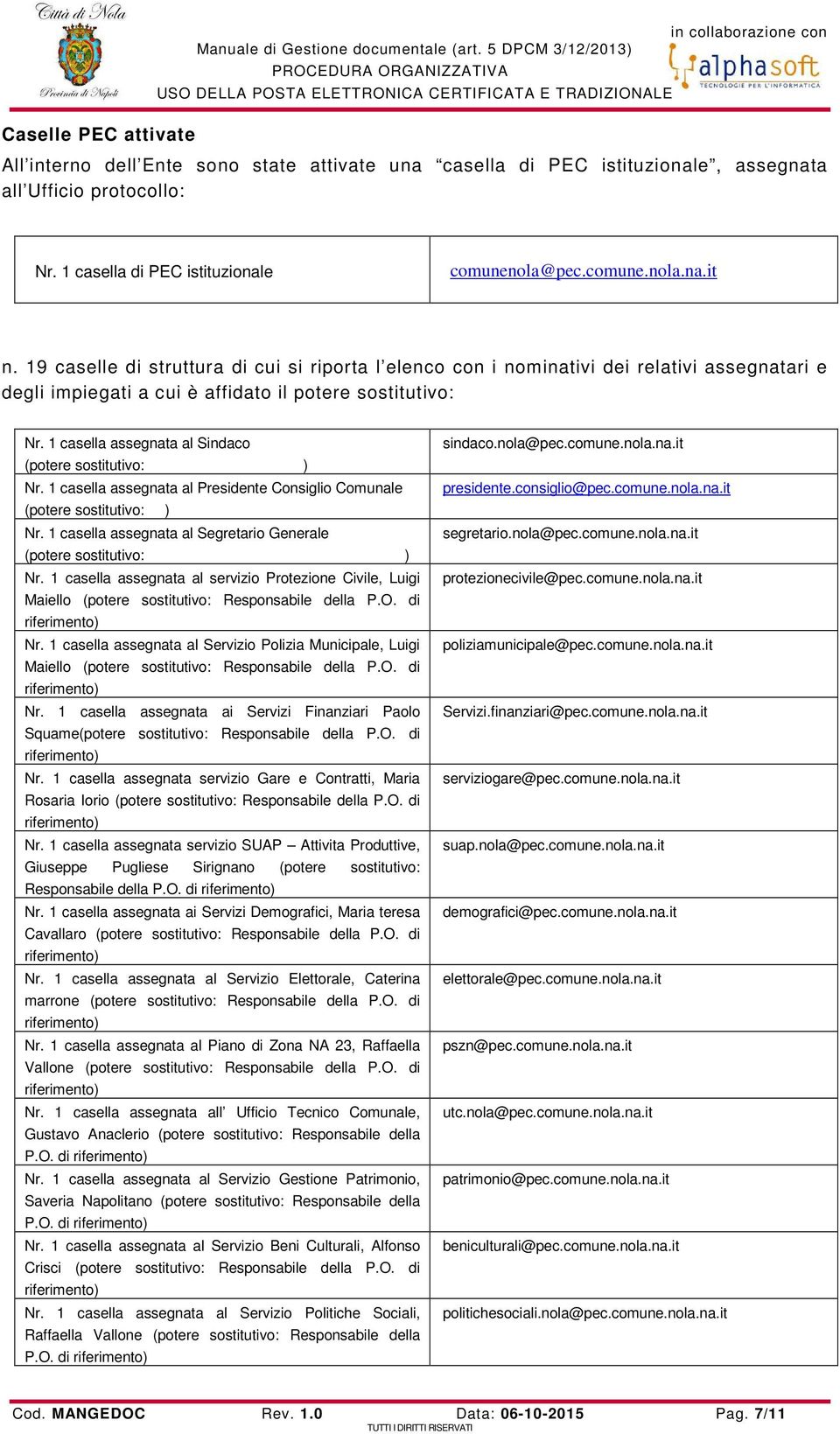 19 caselle di struttura di cui si riporta l elenco con i nominativi dei relativi assegnatari e degli impiegati a cui è affidato il potere sostitutivo: Nr.