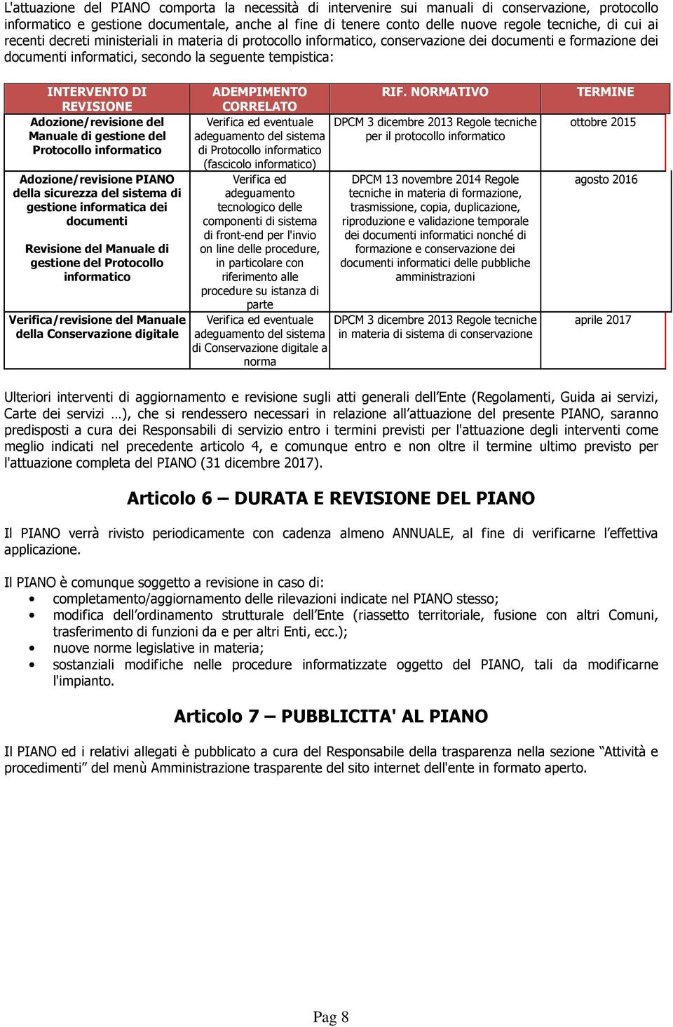 Adozione/revisione del Manuale di gestione del Protocollo informatico Adozione/revisione PIANO della sicurezza del sistema di gestione informatica dei documenti Revisione del Manuale di gestione del