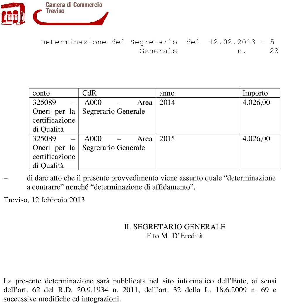 viene assunto quale determinazione a contrarre nonché determinazione di affidamento. Treviso, 12 febbraio 2013 A000 Area Segrerario 2015 4.