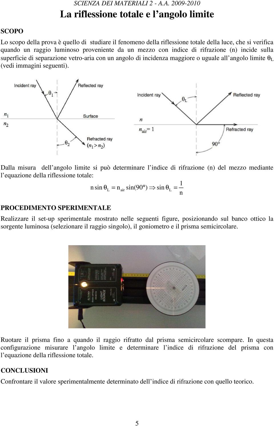 Dalla misura dell angolo limite si può determinare l indice di rifrazione (n) del mezzo mediante l equazione della riflessione totale: 1 n sin θ L = nair sin(90 ) sin θ L = n Realizzare il set-up