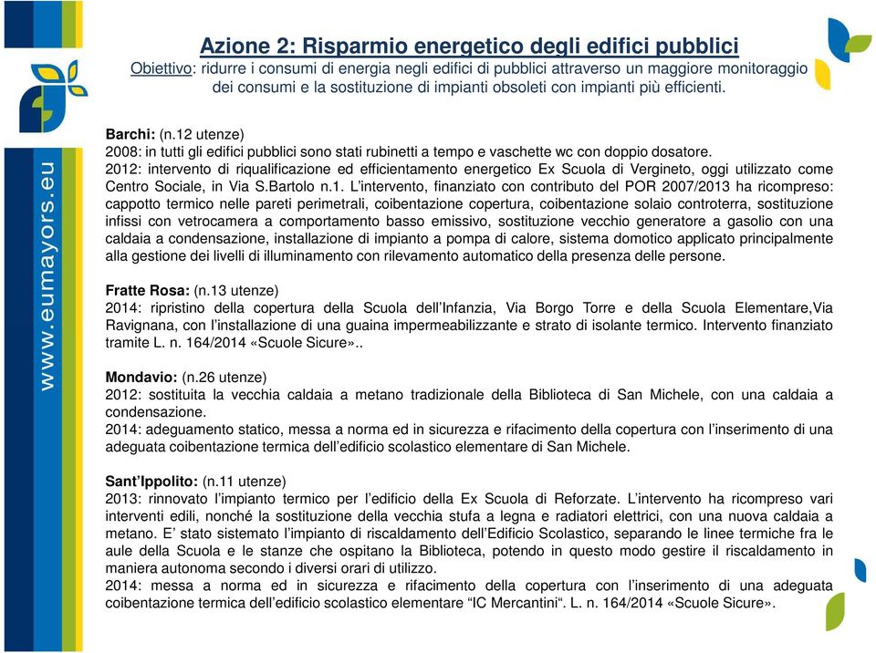 2012: intervento di riqualificazione ed efficientamento energetico Ex Scuola di Vergineto, oggi utilizzato come Centro Sociale, in Via S.Bartolo n.1. L intervento, finanziato con contributo del POR