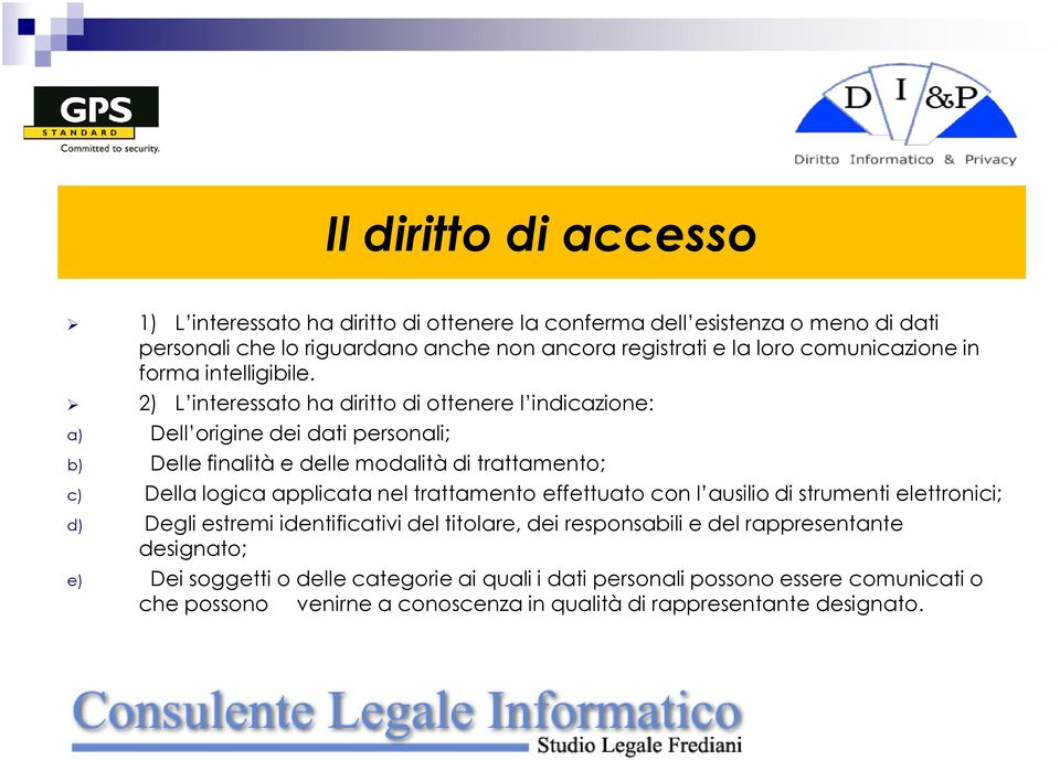 2) L interessato ha diritto di ottenere l indicazione: a) Dell origine dei dati personali; b) Delle finalità e delle modalità di trattamento; c) Della logica applicata nel