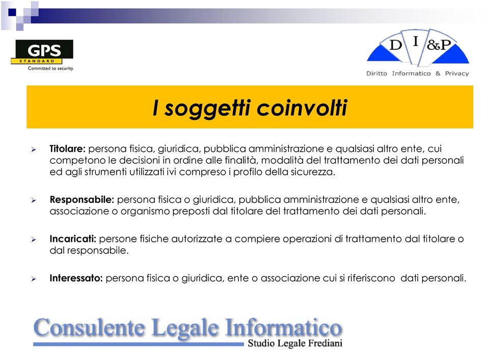 Responsabile: persona fisica o giuridica, pubblica amministrazione e qualsiasi altro ente, associazione o organismo preposti dal titolare del trattamento dei dati