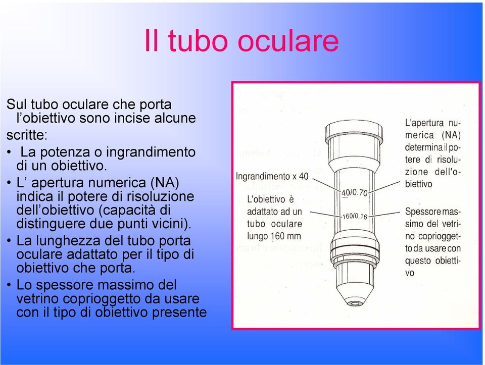 L apertura numerica (NA) indica il potere di risoluzione dell obiettivo (capacità di distinguere due