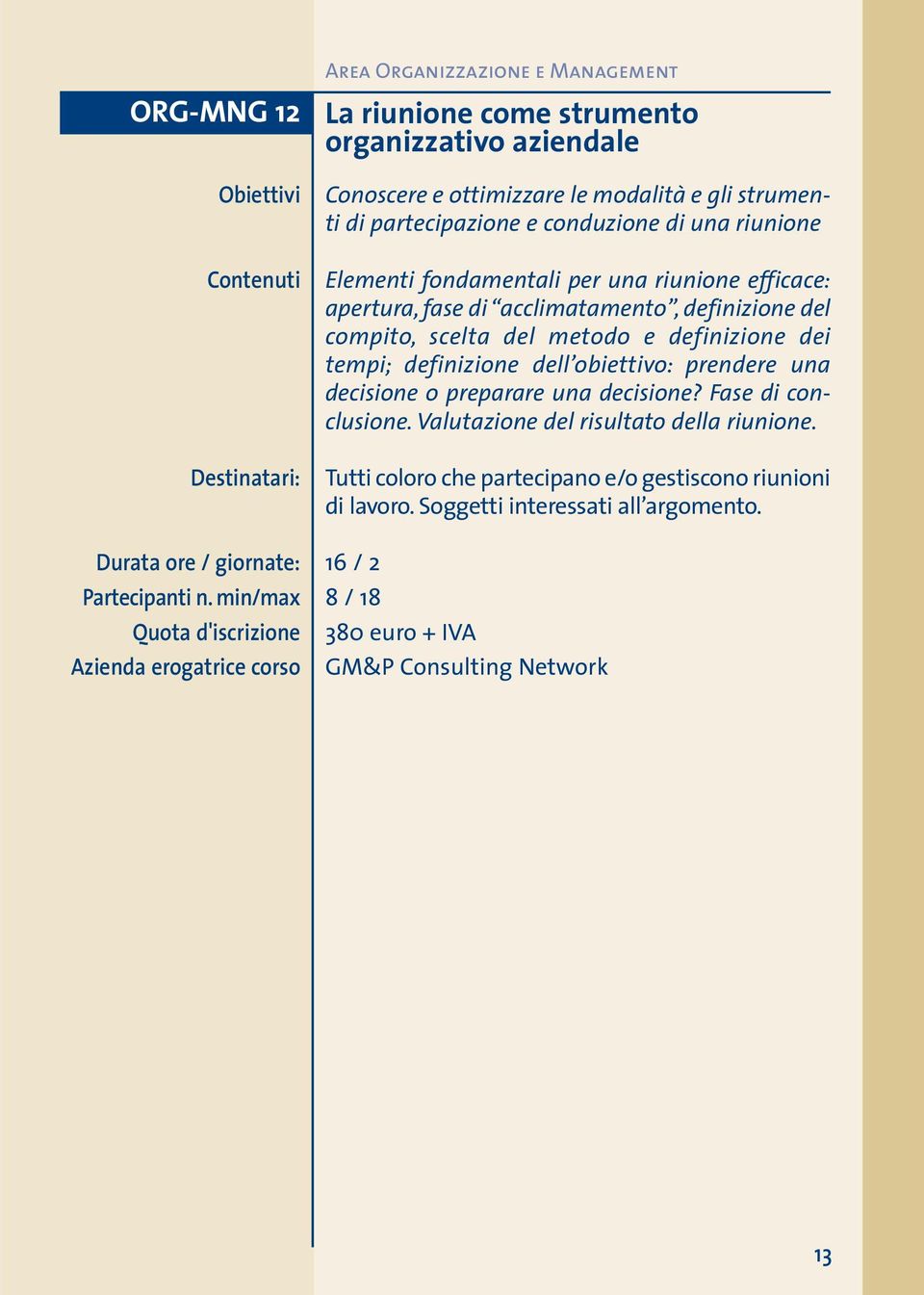 dei tempi; definizione dell obiettivo: prendere una decisione o preparare una decisione? Fase di conclusione. Valutazione del risultato della riunione.