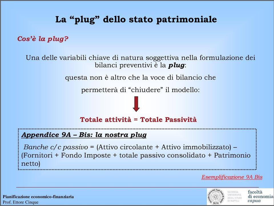 preventivi è la plug: questa non è altro che la voce di bilancio che permetterà di chiudere il modello: Totale