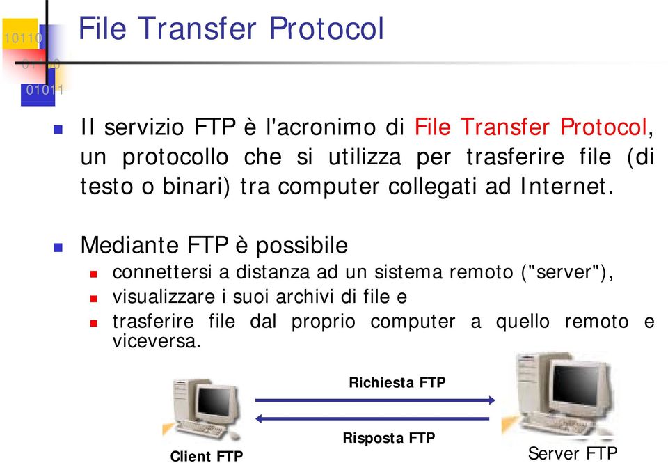 Mediante FTP è possibile connettersi a distanza ad un sistema remoto ("server"), visualizzare i suoi