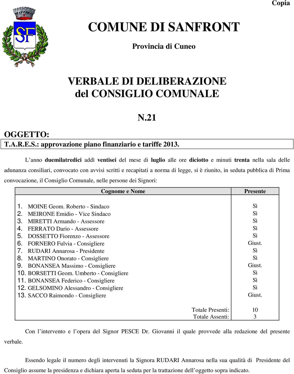 riunito, in seduta pubblica di Prima convocazione, il Consiglio Comunale, nelle persone dei Signori: verbale. Cognome e Nome Presente 1. MOINE Geom. Roberto - Sindaco Sì 2.