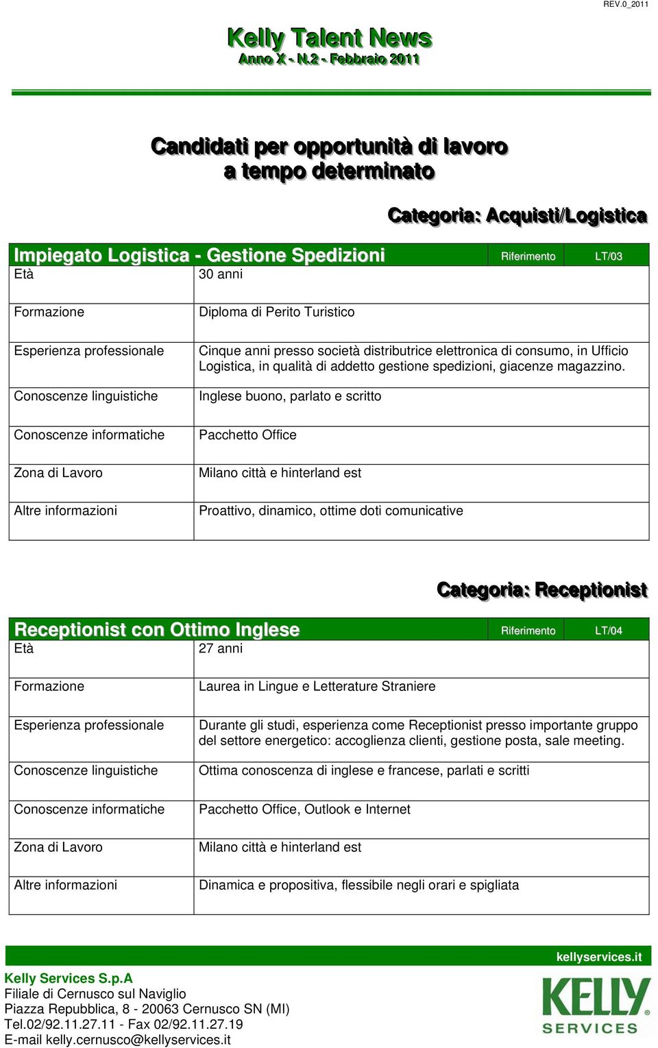 Inglese buono, parlato e scritto Pacchetto Office Milano città e hinterland est Proattivo, dinamico, ottime doti comunicative Cattegorri ia:: Receptti ionistt Receptionist con Ottimo Inglese