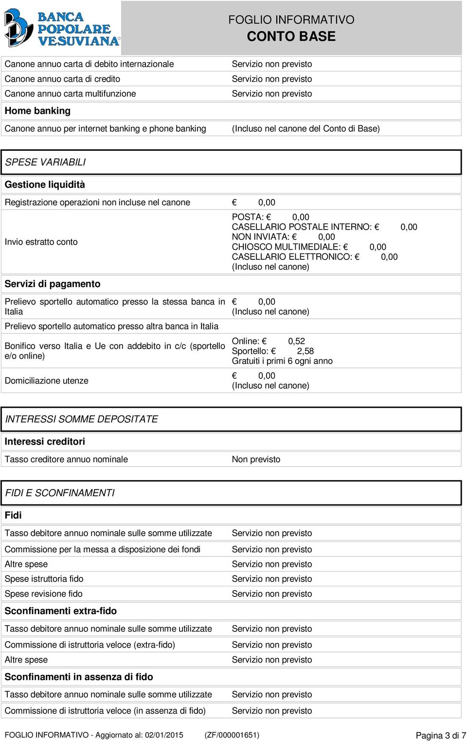 MULTIMEDIALE: CASELLARIO ELETTRONICO: (Incluso nel canone) Prelievo sportello automatico presso la stessa banca in Italia Prelievo sportello automatico presso altra banca in Italia Bonifico verso