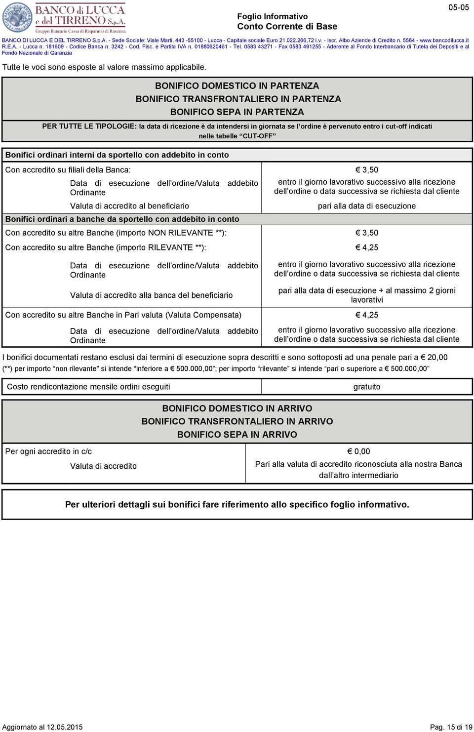 cut-off indicati nelle tabelle CUT-OFF Bonifici ordinari interni da sportello con addebito in conto Con accredito su filiali della Banca: 3,50 Data di esecuzione dell ordine/valuta addebito Ordinante