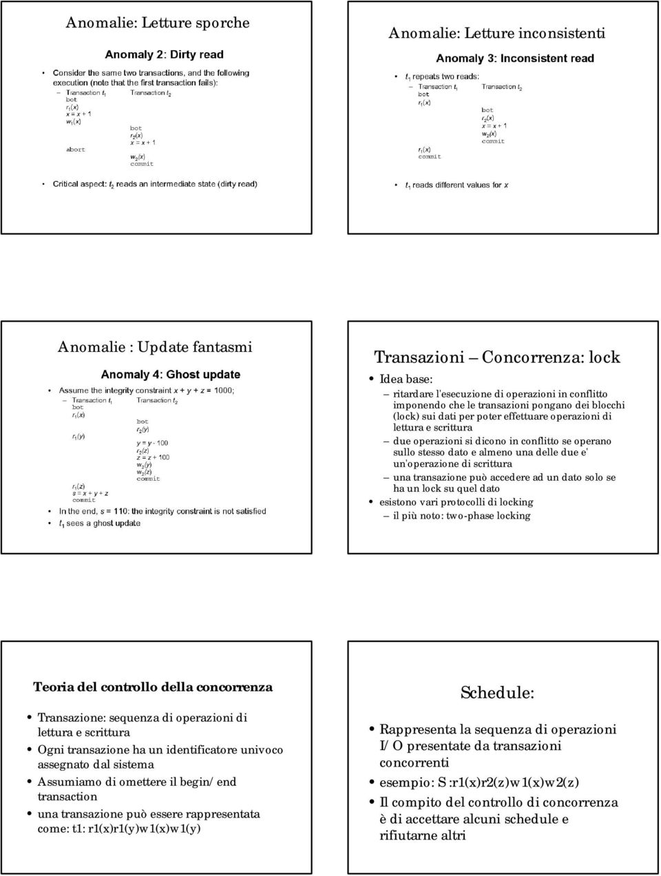 un'operazione di scrittura una transazione può accedere ad un dato solo se ha un lock su quel dato esistono vari protocolli di locking il più noto: two-phase locking Teoria del controllo della