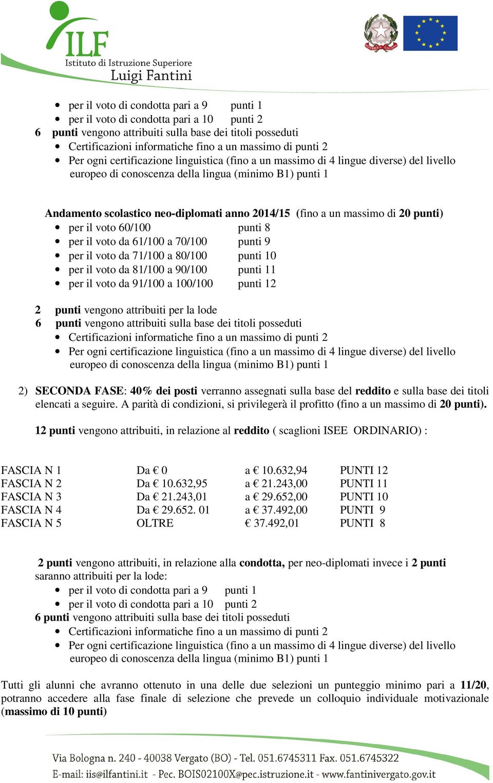 un massimo di 20 punti) per il voto 60/100 punti 8 per il voto da 61/100 a 70/100 punti 9 per il voto da 71/100 a 80/100 punti 10 per il voto da 81/100 a 90/100 punti 11 per il voto da 91/100 a