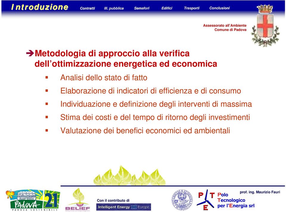 ottimizzazione energetica ed economica Analisi dello stato di fatto Elaborazione di indicatori di