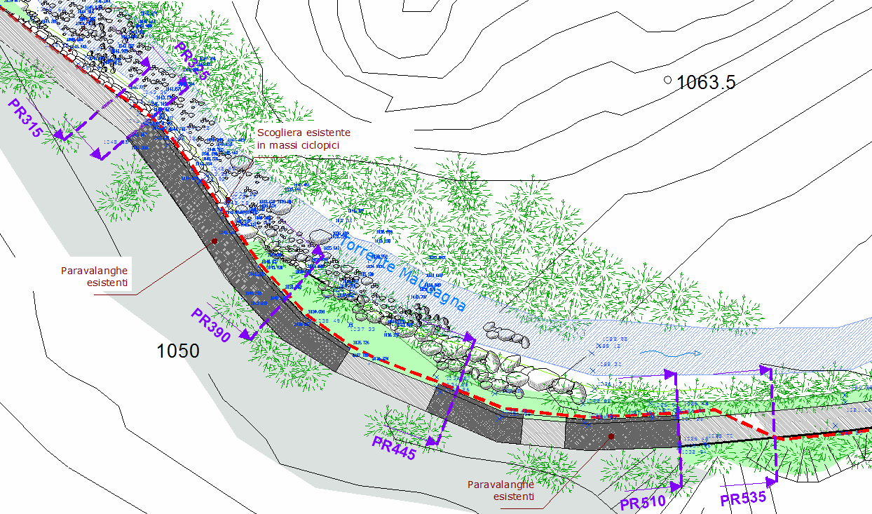 4.1.5 Interro della condotta in corrispondenza della struttura paramassi Procedendo da monte verso valle, nel tratto compreso tra le Sez PR325 e PR510, la condotta forzata DN700 sarà completamente