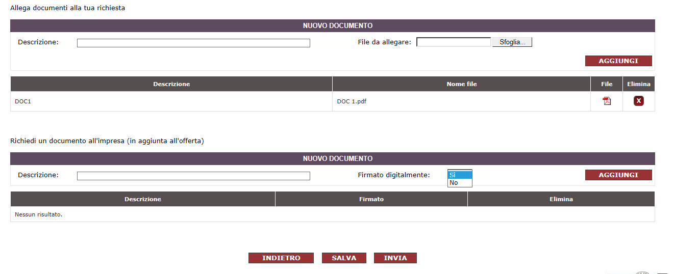 Figura 15 - Allega e richiedi documenti 4. L INVIO DELLA TRATTATIVA Dopo aver completato la Trattativa in tutti i suoi campi, puoi selezionare i pulsanti SALVA o INVIA.