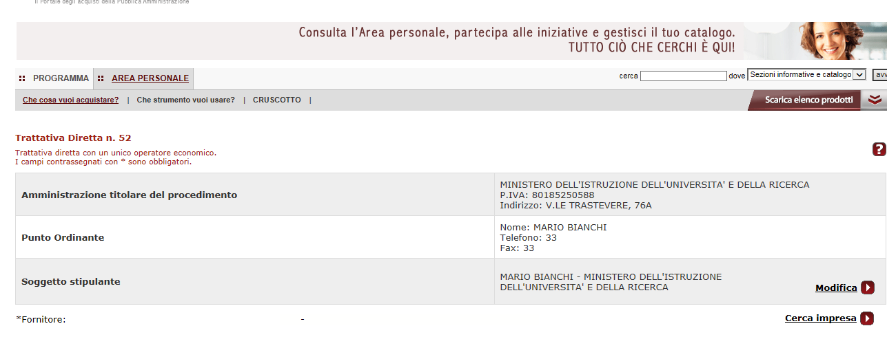 Figura 4 - Numero della Trattativa Diretta Il Soggetto Stipulante è individuato automaticamente dal sistema con il Punto Ordinante che sta avviando la Trattativa Diretta ma può essere modificato fino