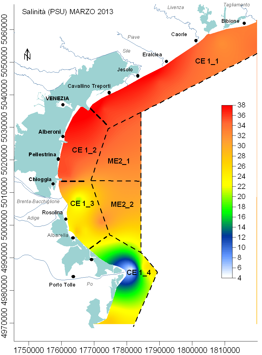 Figura 33: Mappe di distribuzione dei valori di silicio da ortosilicati (µg/l), azoto ammoniacale e nitrico (µg/l), fosforo da ortofosfati (µg/l), clorofilla a (µg/l) e salinità (PSU) rilevati in