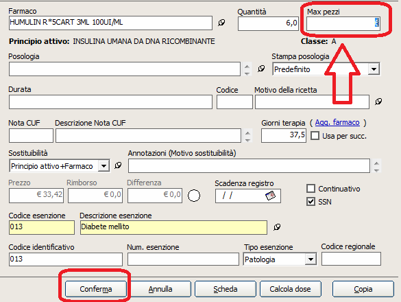 In alternativa viene data comunque la possibilità di attivare manualmente questa gestione modificando il numero max pezzi del farmaco che si sta prescrivendo.