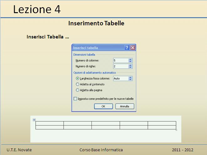 Inserisci Tabella Dopo avere cliccato su Tabella, si apre una finestra che consente di definire il formato della tabella; si possono, ad esempio, scegliere: - Il numero di righe - Il numero di