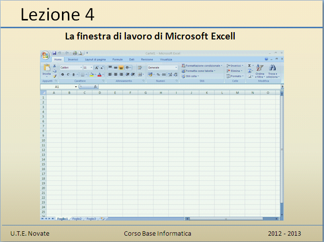 Oppure Sul Desktop 2) Fare doppio click sull icona di collegamento al programma Excell Oppure 3) Fare doppio click sull icona di un documento Excell (o aprire un documento Excell) La finestra di