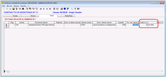 Per quanto riguarda le chiamate del Customer Service, il codice Iva per le attività svolte (o servizi prestati) viene rilevato dalla Anagrafica degli articoli indicati nel programma Tipi chiamate nel