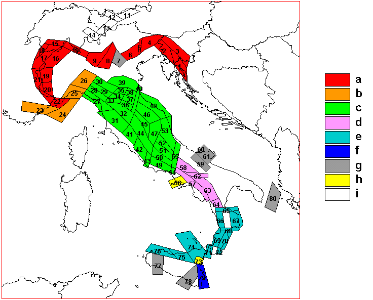 Fig. 4.3 - Zonazione sismogenetica del GNDT (dal sito Internet: http://emidius.itim.mi.cnr.it/gndt/p511/home.html). a. zone legate alla convergenza Adria-Europa. b.