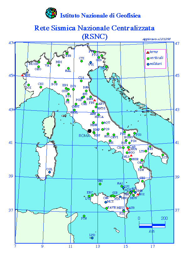 Fig. 3.1 - Disposizione sul territorio italiano delle stazioni sismiche appartenenti alla Rete Sismica Nazionale Centralizzata (RSNC).