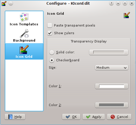 Capitolo 4 Configurazione 4.1 Configurare KIconEdit Selezionare l elemento del menu Impostazioni Configura KIconEdit.