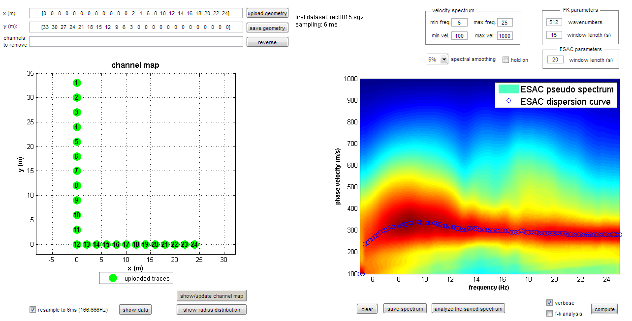 Fig. IV-2: 04 Array sismico ESAC Geometria dello stendimento Spettro e
