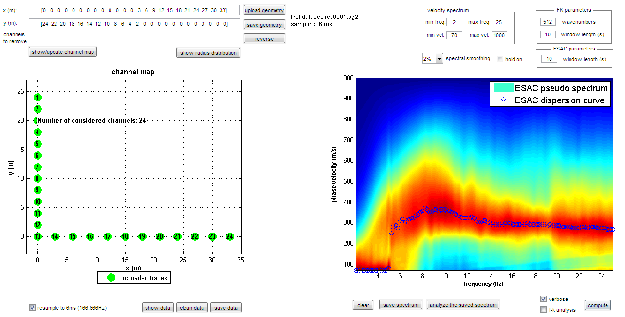 Fig. VIII-2: 39 Array sismico ESAC Geometria dello stendimento Spettro