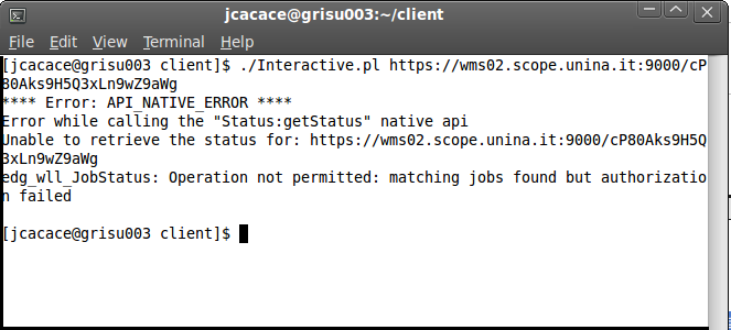 Figura 24: Esempio di funzionamento: errore sul proprietario del job 9 Codice prodotto 9.1 Client g-shell Signature: g-shell.pl (Jobid) Parametri di input: jobid.