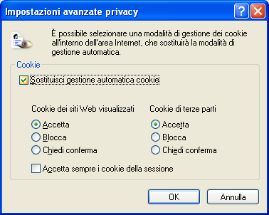 Impostare il browser per accettare i Cookie Selezionare la scheda Privacy e nell' area Impostazioni cliccare sul pulsante Avanzate.