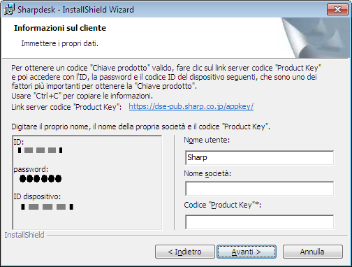 Inserire le informazioni sul cliente Inserite il vostro nome e il nome della vostra società o organizzazione. Inserire il codice "Product Key" rilasciato dal server codice "Product Key".