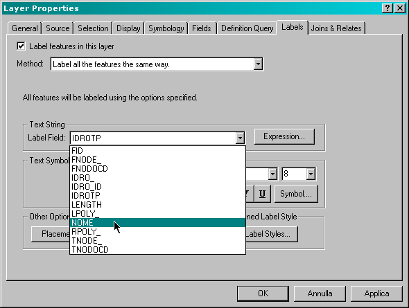 proprietà di un layer: etichette etichetta per il layer