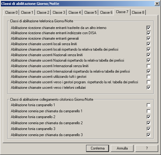 Nella successiva finestra del centralino Classi di abilitazione Giorno/Notte è possibile visualizzare, ed eventualmente modificare, la struttura delle nove classi di abilitazione a cui possono essere