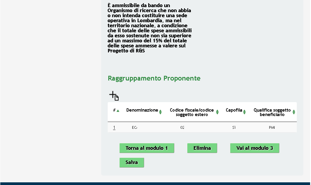 È necessario inserire i dati di tutti i soggetti partecipanti al progetto, pertanto, dopo aver completato i dati relativi al soggetto capofila è