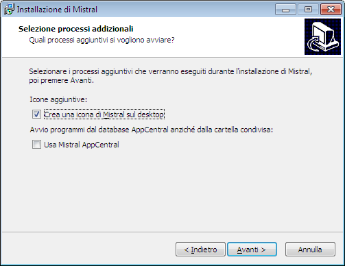 O P Z I O N I D I I N S T A L L A Z I O N E - 2 Qui è possibile scegliere le icone da aggiungere anche sul desktop e la modalità di funzionamento di Mistral Client.